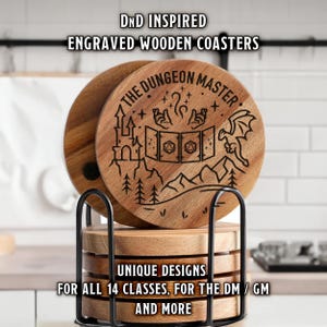 May include: Set of six wooden coasters with engraved designs inspired by Dungeons and Dragons. The coasters feature a castle, dice, and a dragon. The text "The Dungeon Master" is engraved on the top coaster.