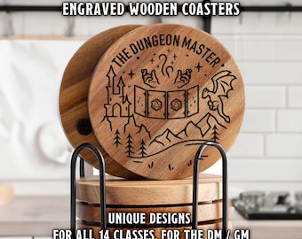 May include: Set of six wooden coasters with engraved designs inspired by Dungeons and Dragons. The coasters feature a castle, dice, and a dragon. The text "The Dungeon Master" is engraved on the top coaster.