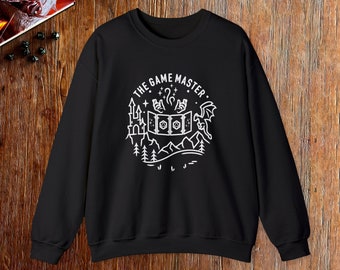 May include: Black sweatshirt with a white graphic design of a castle, dice, and a dragon with the text "THE GAME MASTER."