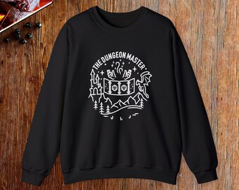 May include: Black sweatshirt with a white graphic design of a castle, dice, and a dragon with the text "The Dungeon Master."