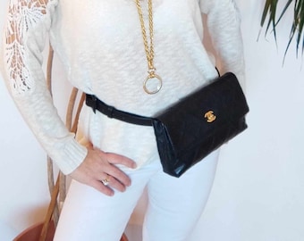 Extrêmement rare vintage sac banane Chanel caviar en cuir noir édition limitée