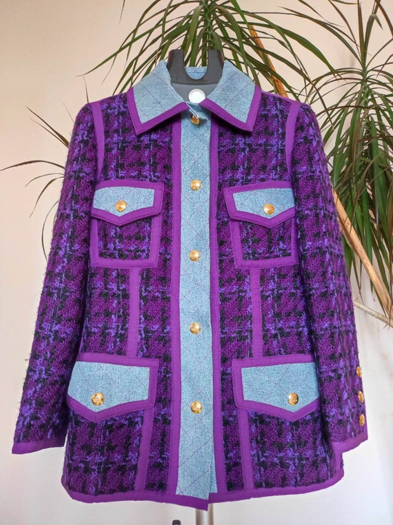 Vintage CHANEL ICONIC Fall 1991 Quilted Denim Skirt Suit in Purple