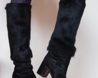 Bottes hautes CHANEL en poils de poney jusqu'au genou Noir 37 Eu EXTRÊMEMENT RARE