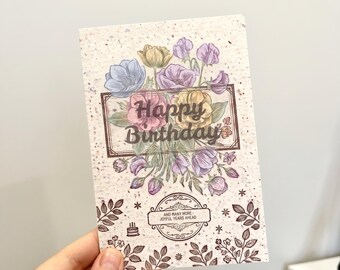 Floral Happy Birthday Card, Vintage Botanical Greeting, Blank Inside 4x6 Folded Note with Envelope, Elegant Flower Keepsake for Her, Mom