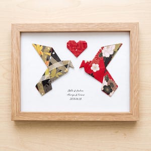 Personalized Origami Lovebirds. Gift for Couples. Handmade Wedding Anniversary Gift. Custom Framed Birds Art 7x9.