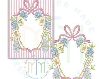 May include: Watercolor illustration of a wreath design with a pink bow, blue hydrangeas, and vases. The wreath surrounds a blank space and includes Mahjong tiles. The background is a pink and white striped pattern.
