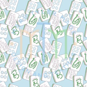 Puede incluir: Un patrón repetido de fichas de mahjong blancas y verdes sobre un fondo azul claro. Las fichas presentan varios caracteres chinos y puntos.