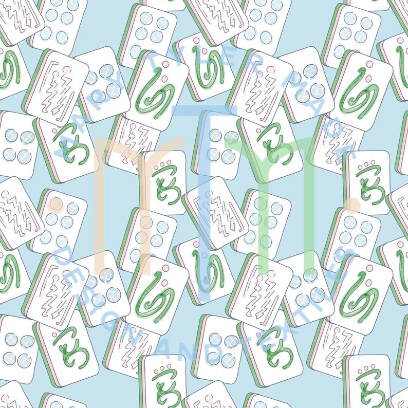 May include: A repeating pattern of white and green mahjong tiles on a light blue background. The tiles feature various Chinese characters and dots.