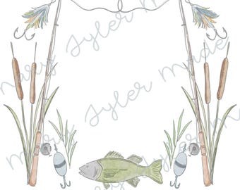 Classic Fishing Watercolor Crest  - Digital Clipart
