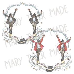 May include: Watercolor illustration featuring a stylized dancer in a black suit and fedora, arms raised. The image includes piano keys, musical notes, stars, and the text "just beat it, no one likes to be defeated."