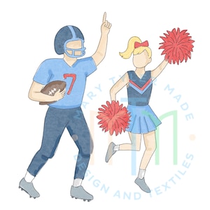 May include: Watercolor illustration of a football player and cheerleader. The football player wears a blue helmet and jersey with the number 7. The cheerleader holds red pom-poms and wears a blue and red outfit. The image has a light, airy feel.