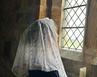 Triangular, Catholic, white, lace mantilla. Vintage, floral, embroidered, traditional veil. Delicate, classic headcovering for Latin Mass.