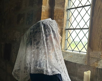 Handmade, Triangular, White Lace Mantilla, Catholic Veil, Embroidered Floral Headcovering