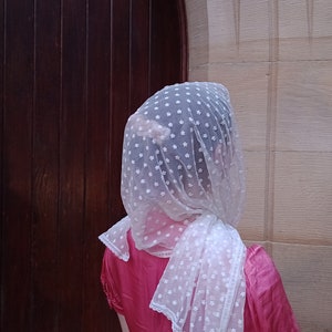 May include: A white lace veil with a floral pattern, worn over a pink dress.