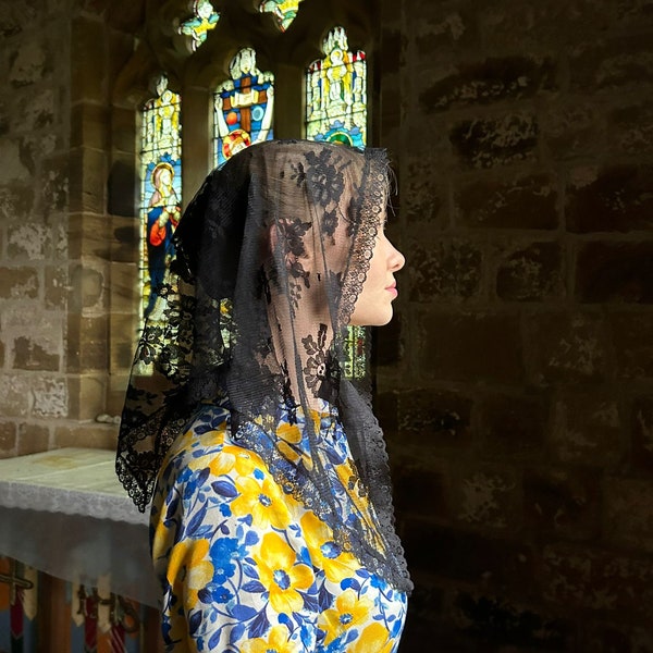 Triangular, Catholic, black, lace mantilla. Vintage, floral, embroidered, traditional veil. Delicate, classic headcovering for Latin Mass.