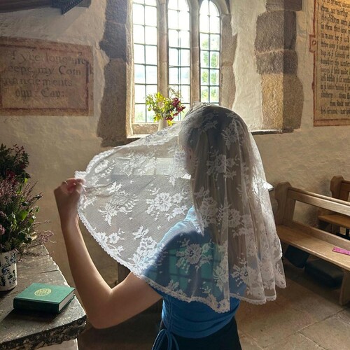 White Lace Mantilla, Floral Embroidered Catholic Veil, D-Shape
