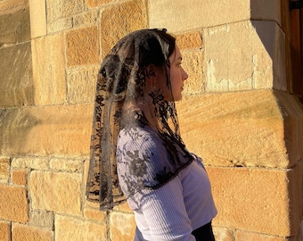 Handmade Black Lace Mantilla: Embroidered Catholic Church Veil, D shape.