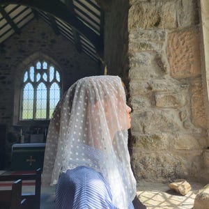 Handmade Lace Chapel Veil: Embroidered Tulle Catholic Mantilla, curved triangle.