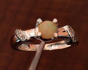 Natural Ethiopian Opal Round Cabochon 925 Sterling Silver Ring - Handmade Silver Ring - Opal Cabochon Solitaire Silver Ring, CZ Silver Ring