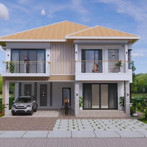 Può includere: Una casa a due piani con tetto beige ed esterno bianco. La casa ha balconi, ampie finestre e un'auto parcheggiata nel vialetto. Il paesaggio comprende piante e alberi verdi. Il cielo è blu con alcune nuvole.