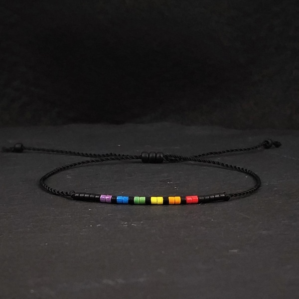 Subtle Pride Bracelet, Discreet LGBT Gay gift, Adjustable waterproof bracelet 24/7, Black cord pride bracelet, Rainbow unisex jewelry / BPR1