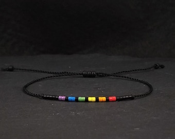 Subtle Pride Bracelet, Discreet LGBT Gay gift, Adjustable waterproof bracelet 24/7, Black cord pride bracelet, Rainbow unisex jewelry / BPR1