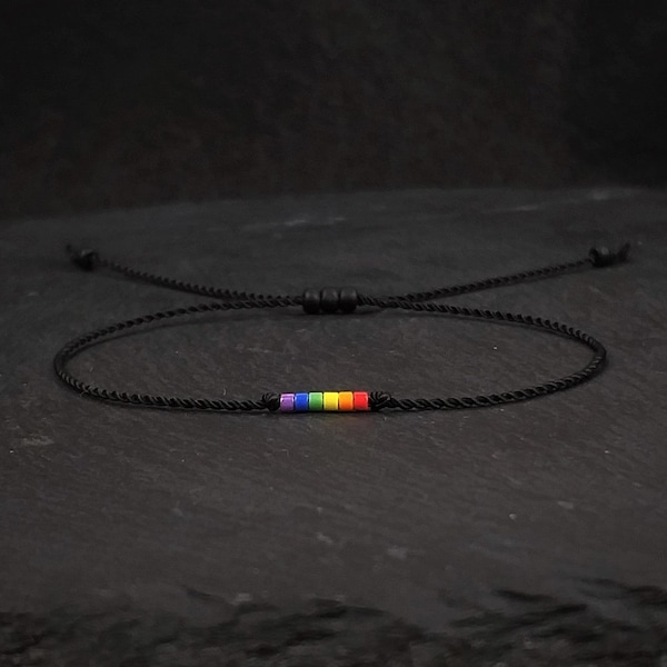 Tiny Gay Pride bracelet, Discreet LGBT flag jewelry, Waterproof adjustable cord unisex, Subtle Rainbow bead bracelet, Queer gift / BPR5