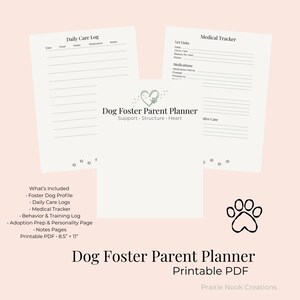 Può includere: Un Dog Foster Parent Planner stampabile con sfondo rosa chiaro. Il planner include un registro delle cure quotidiane, un tracker medico e altre pagine. Il testo include "Dog Foster Parent Planner" e "PDF stampabile". Le pagine misurano 21,59 cm x 27,94 cm.