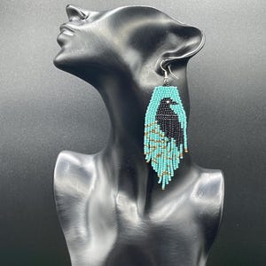 Handcrafted Raven Seed Bead Earrings: Multi-Color Bird Jewelry