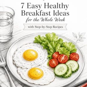 May include: A coloring book cover titled COLORING BOOK 7 Easy Healthy Breakfast Ideas for the Whole Week with Step-by-Step Recipes. The illustration features two fried eggs, lettuce, tomato slices, and cucumber slices on a plate with a fork.