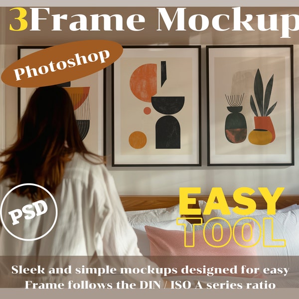 3 Modern Frame Mockup Set | 3-Piece Wall & Floor Frames | Natural Light PSD Template for Photoshop, Photopea | Art Display