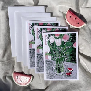 LOT DE 3 | Tulipes pastèque | de voeux | Original peint à la main | Tulipes | Anniversaire, Merci, Fête des Mères, Carte de voeux vierge