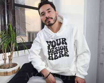 Gildan 18500 Mockup, Weißes Gildan 18500 Männliches Model Mockup, Übergroßes Hoodie Mockup, Ästhetische Mockups, Gildan Pullover Mockups, Modell Mockup