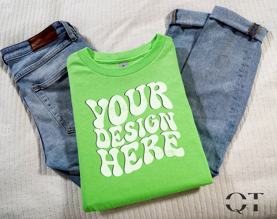 Gildan Shirt Mockup, Flat Lay Gildan 5000 Neon Green Mockup, Styled