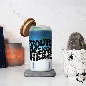 Frosted Glass Can Mockup, Fall Mockup, Halloween Cup Mockup, Libbey Mockup, 16oz Frosted Glass Beer Can Mockups, 16 oz Libbey Glass Mocks