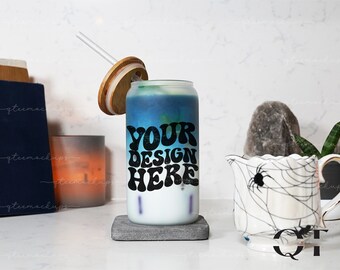 Frosted Glass Can Mockup, Fall Mockup, Halloween Cup Mockup, Libbey Mockup, 16oz Frosted Glass Beer Can Mockups, 16 oz Libbey Glass Mocks