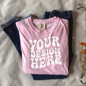 Comfort Colors Blossom Shirt mockup, Comfort Colors C1717 FlatLay Mockups, Pink TShirt Styled T-shirt mockup, Trendy Mockups, Aesthetic Edit