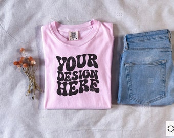 Comfort Colors T-Shirt Mockup, Blossom Comfort Colors C1717 Flatlay Mockups, Pink Shirt Styled T-shirt mockup, Trendy Mockups, ComfortColors