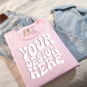 Comfort Colors 1717 Blossom T-Shirt mockup, Comfort Colors Flat Lay Mockups, Pink Shirt Styled T-shirt mockup, Trendy Mockups, ComfortColors