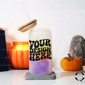 Frosted Glass Can Mockup, Fall Mockup, Halloween Cup Mockup, Libbey Mockups, 16oz Frosted Glass Beer Can Mockups, 16 oz Canva Drag And Drop image 1