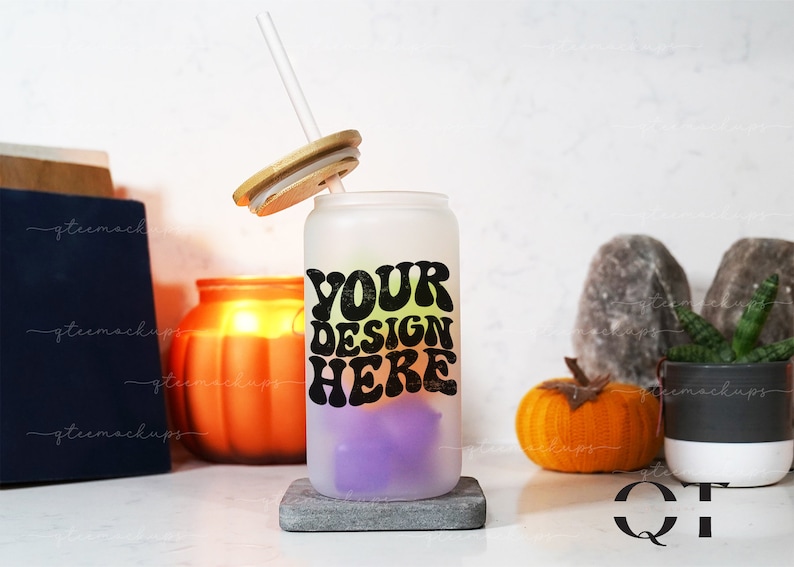 Frosted Glass Can Mockup, Fall Mockup, Halloween Cup Mockup, Libbey Mockups, 16oz Frosted Glass Beer Can Mockups, 16 oz Canva Drag And Drop image 1