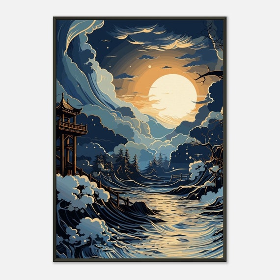 Moon & Clouds Art Print: Japanese-styled Landscape, Cabincore