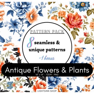 Antique Flowers and Plants Set I PNG (White Canvas, Seamless Repeating Patterns, High Quality, Digital Design, Print, Colorful, Joyful)