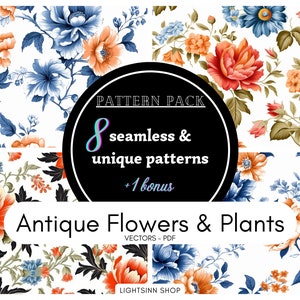 Antique Flowers and Plants Set I PDF (White Canvas, Seamless Repeating Patterns, High Quality, Digital Design, Print, Colorful, Joyful)
