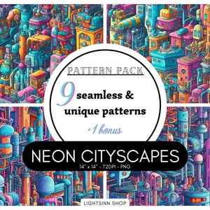 Neon Cityscape Steampunk Illustration Set I PNG (Seamless Repeating Patterns, High Quality, Digital Design, Print, Colorful, Joyful)
