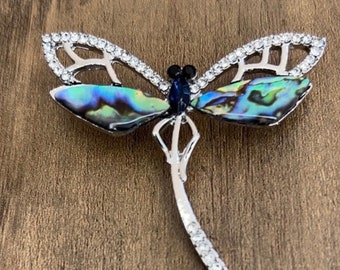 Elegant Crystal Vintage Dragonfly Brooch with Abalone shell and Rhinestone detail.