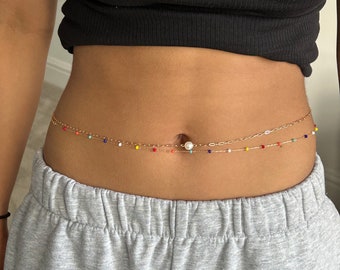 Perles colorées et chaîne de ventre en perles, ensemble de 2 pièces sur chaîne en or, ceinture de ventre, chaîne de taille pour femmes, bikini de plage d'été, chaîne de corps