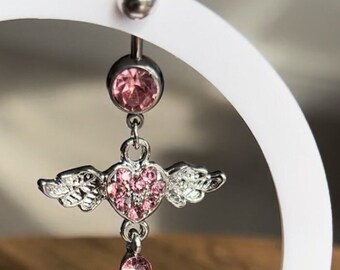 Dangle Pink crystal heart wing steel navel belly ring/ bar, piercing dangle body jewellery