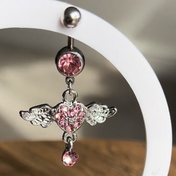 Dangle Pink crystal heart wing steel navel belly ring/ bar, piercing dangle body jewellery