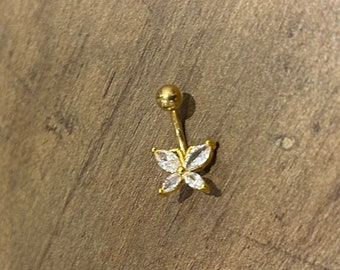 Stunning butterfly crystal gold plated surgical steel navel belly ring/ bar
